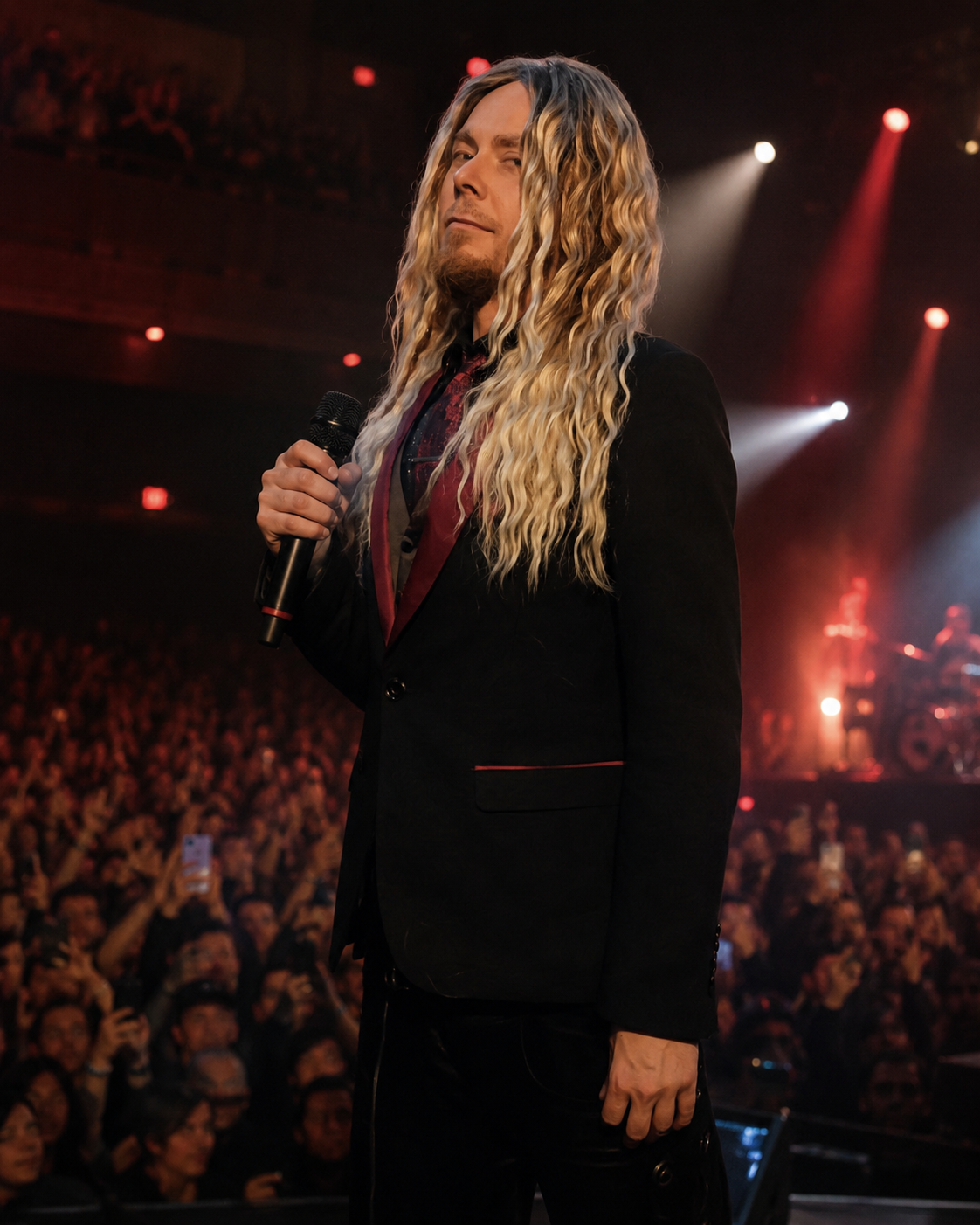 Drew V. holding a microphone on a dramatically lit stage